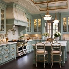 a large kitchen with blue cabinets and white counter tops, along with two chairs at the center island