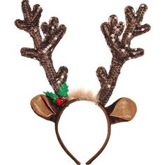 a reindeer headband with antlers and a holly berry on the top is shown