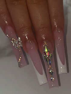 Multicolor  Collar   Graphic Color Nails Embellished   Nail,Hand & Foot Care Basic Acrylic Nails With Rhinestones, Baddie Long Acrylic Nails, Nail Inspo Rhinestones, White Nail Sets, Jewel Nail Designs, Aries Birthday Nails, Cute Ombre Nails, Baddie Nails Instagram, Graphic Nail Art