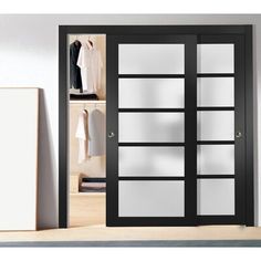 an open closet with black doors and white glass panels on the door, in front of a beige carpeted floor