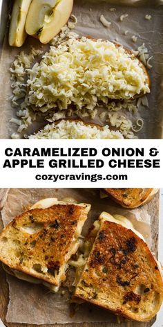 grilled onion and apple grilled cheese sandwich on parchment paper with text overlay