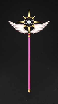 a pink and gold stick with angel wings on it's tip is in front of a black background