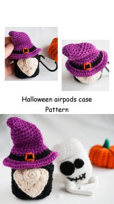 crocheted halloween airpods case pattern with skull and hat on top, two pictures showing the same