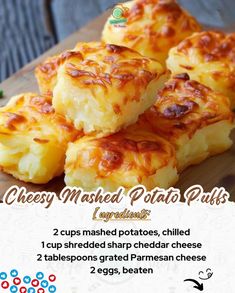 cheese mashed potato puffs recipe on a wooden cutting board with text overlay that reads, cheesy mashed potato puffs