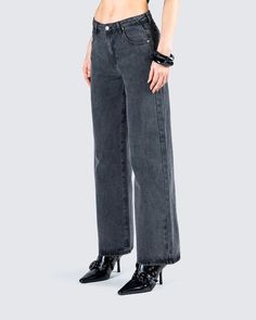 Dark denim is always a vibe 🖤 No matter the occasion, these grey wide leg jeans will turn any fit into a casual-chic look. Crafted from 100% cotton, and complete with a high-rise fit, wide leg, and a 31” inseam 😘 Gray Washed Wide Leg Jeans, Grey Wide Leg Jeans, Wide Leg Dark Wash Rigid Denim Pants, Non-stretch Wide Leg Dark Wash Bottoms, Gray Wide-leg Cotton Jeans, Washed Black Wide-leg Jeans With Pockets, Denim Wide Leg, Grey Denim, Cargo Pant