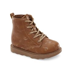 PRICES MAY VARY. Toddler's casual high-top boots with distressed metallic detail Easy zipper closure Faux lace-up detail Everyday neutral color with subtle metallic finish Easy wipe-clean material Dino Print, Carter Kids, Play School, High Top Boots, Shoe Carnival, Boys Boots, Dinosaur Print, Neutral Color, Work Boots