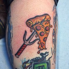 a man with a tattoo on his leg has a pizza slice and knife in it