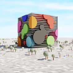 an artistic rendering of a building surrounded by trees and rocks with colored shapes on it