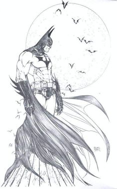 a drawing of the batman standing in front of a full moon