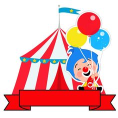 an image of a clown with balloons in front of a circus tent