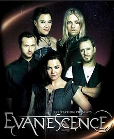 an advertisement for evanesece with the band on it's back ground and stars in the background