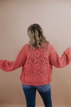 Elevate your style with the Open Front Crochet Cardigan. This delicate and versatile piece adds an artistic touch to your outfit. Layer it over your favorite tops for a chic and cozy look. Open front cardigan Crochet cardigan Spring aesthetic Vintage style 2023 Model Specs: Emily is wearing a size small in the photo.How will this item fit you? Check out our MODEL SPECS (Typical Sizing - Karli: S-Size 5/26 - 5ft 2in, Emily: S-Size 3/25 - 5ft 5in, Syd: L/XL- Size 15/ - 5ft 8in)﻿Need help with sizi Red Crochet Top For Fall, Red Crochet Cardigan For Spring, Red Crochet Long Sleeve Cardigan, Casual Red Crochet Cardigan, Red Bohemian Sweater For Spring, Fall Cardigans, Cardigan Crochet, Style 2023, Vip Group