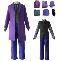 PRICES MAY VARY. As we are overseas seller,our sizes are smaller than the European and American sizes,so please order at least ONE or TWO SIZE UP. Include: Coat + Shirt + Vest + Pants + Gloves + Tie Fabric: Made of cotton and polyester,satin and broadcloth fabrics. Design: Long purple poplin jacket lined with red satin;Hexagonal shirt with vest;Purple pinstripe pants have elastic back waistband, front zipper up. Occasions: Suit for cosplay show,cosplay party,role play,daily dress up,Halloween,Ch Shirt With Vest, Joker Suit, Costume Clown, Halloween Costume Suit, Joker Costume, Halloween Party Outfits, Purple Coat, Fancy Dress Up, Clown Costume