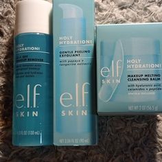 (3) Elf Holy Hydration Serum Eye & Makeup Remover (1) Holy Hydration E.L.F. Off Makeup Remover (1) Holy Hydration Makeup Melting Cleansing Balm.W/ Hyaluronic Acid Ceramides + Peptides (1) Holy Hydration Gentle Peeling Exfoliant W/ Papaya + Tangerine Extracts Elf Holy Hydration, Elf Skincare, Elf Primer, Elf Products, F Off, Hydration Serum, Face Makeup Tips, Elf Cosmetics, Elf Makeup