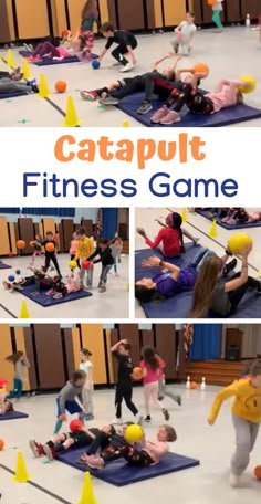 several photos of people doing various activities in a gym with text that reads catapult fitness game