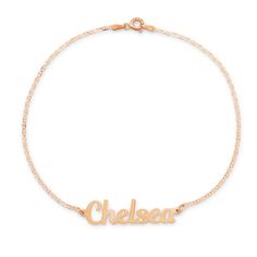 Get a fabulous personalized jewelry accessory with this Magnolia Script Rose Gold Name Anklet.  This custom rose gold plated sterling silver name anklet features a name or word of your choice in a feminine magnolia script.  Letter size may vary depending on length of name. Personalized Rose Gold Nameplate Bracelet, Adjustable Rose Gold Name Necklace, Adjustable Rose Gold Name Necklace With Custom Name, Custom Name Rose Gold Necklace, Rose Gold Engraved Nameplate Bracelet, Engraved Rose Gold Nameplate Bracelet, Name Anklet, Coordinates Jewelry, Text Gift