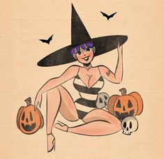 a drawing of a woman dressed as a witch sitting on the ground with two pumpkins