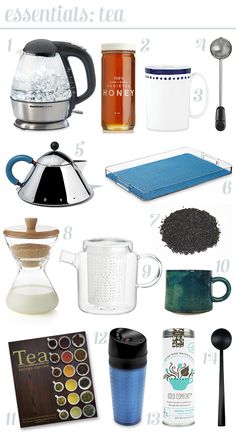 there are many different types of teas and coffee accessories on this page to describe