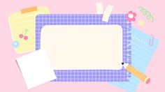 a pink background with notebooks and paper on it