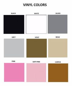 the color chart for vinyl colors, including pink, black, white, and grey