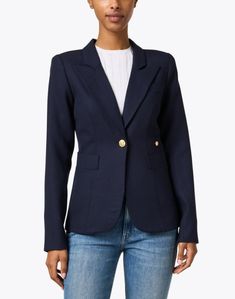 Smythe's take on tailoring always feels timeless and sophisticated, and this classic navy blazer is no exception. It's impeccably crafted from luxurious wool fabric for and shaped for a slim-fitting silhouette, complete with notched lapels and a back cut out. Wear it with slim trousers and a white blouse for a romantic and stylish ensemble. Skirt And Top Dress, Slim Trousers, Navy Blazer, White Blouse, Wool Fabric, Wool Blazer, A Romantic, Blazers For Women, Skirt Top