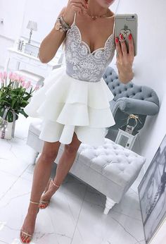 WD0184,White Grey Homecoming Dresses,Spaghetti Straps Lace Homecoming Dress sold by Wonder Girl on Storenvy White Spaghetti Straps Dress For Night Out, Cute Short Prom Dresses, Grey Homecoming Dress, White Homecoming Dress, Prom Dress White, Party Dress Classy, White Lace Shorts, White Homecoming Dresses, Wedding Info