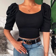 Lasaky - Short-Sleeved Blouse with Simple Square Neckline and Puff Sleeves Square Neck Puff Sleeve Top, Bubble Sleeve Top, Squared Neckline, Style Bubble, Puff Sleeve Crop Top, Blouse Short Sleeve, Bubble Sleeve, Simple Chic, Top Cropped