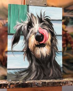 a painting of a dog with its tongue out