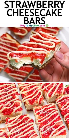 strawberry cheesecake bars with white chocolate drizzled on top and red icing