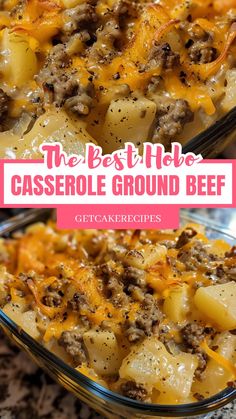 a casserole dish with ground beef and potatoes in it, topped with cheese