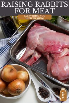 the cover of raising rabbits for meat is shown with onions, garlic and other ingredients