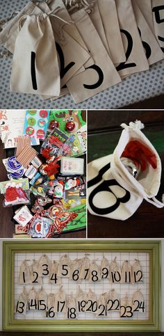 several pictures with numbers and letters on them including scissors, candy bags, fabric bag