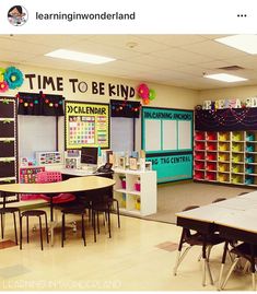 an empty classroom with tables and chairs in front of the chalkboard wall that says time to be kind