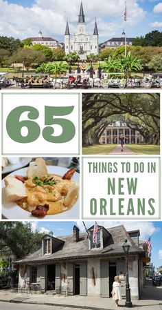 the cover of 65 things to do in new orleans, with images of historic buildings