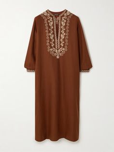 LORO PIANA Embroidered linen kaftan | NET-A-PORTER Elegant Brown Festive Kaftan, Festive Brown Elegant Kaftan, Elegant Linen Kurta With Resham Embroidery, Eid Linen Kurta With Embroidered Border, Folk Style Kaftan With Resham Embroidery For Eid, Elegant Embroidered Brown Kurta, Eid Folk Style Kaftan With Resham Embroidery, Linen Kaftan, Eyewear Shop