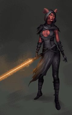 a woman with a red light saber in her hand