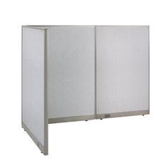 a white cubicle with two doors on each side