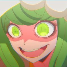 an animated girl with green hair and big eyes smiles at the camera while looking into the distance