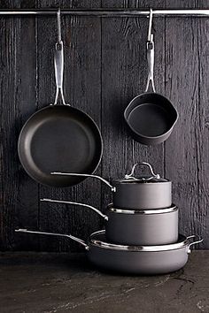 pots and pans are hanging on the wall