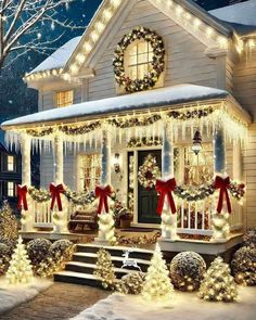 a house covered in christmas lights and garlands with wreaths on the front porch