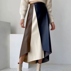 Olivia Mark - Vintage Multi-Color Patchwork Leather Skirt Midi Skirt Long Dress Leather Skirt Midi, Split Front Skirt, Pu Leather Skirt, Paneled Skirt, Long Skirts For Women, Skirt Midi, Skirt Long, Faux Leather Skirt, Moda Vintage