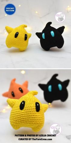 crocheted pokemon amigurt toys are shown in three different colors and sizes