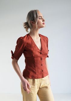 Linen Top Women, Tailored Shorts, Tie Front Blouse, Tie Sleeve, Linen Blouse, Tie Blouse, Blouse Length, Online Tops, Linen Top