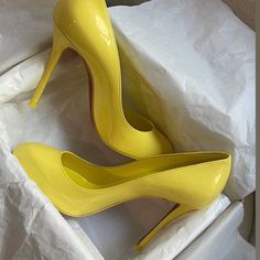 New Never Worn! Size 39 Authentic Dolly Pumps Yellow Patent Leather Heels With Round Toe, Yellow Heels, Shoes Heels Classy, Heels Classy, Red Bottoms, Christian Louboutin Shoes, Yellow Dress, Shoes Women Heels, Christian Louboutin