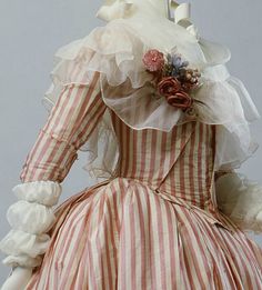 ArtStor. detail of Robe a l'Anglaise & fichu. France, 1785-87. "By mid-century, especially in France, the style was for the bust, veiled by lace or a sheer mull fichu, to emerge above the top line of the bodice." Renewal Dress