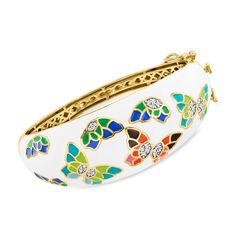 Ross-Simons - 3.00ct t. w. White Topaz, Multicolored Enamel Butterfly Bangle Bracelet Over Sterling. 8". A flutter of vibrant butterflies adorns this lovely bangle bracelet. The winged beauties are arranged in multicolored enamel on a background of white enamel for a stunning contrast. Shimmery 3.00 ct. t. w. white topaz rounds add a touch of sparkle to complete the look. Crafted in 18kt yellow gold over sterling silver. Hinged with a double-latch safety. Box clasp, multicolored enamel and white topaz bangle bracelet. Enamel Butterfly, Safety Box, Fine Jewelery, Jewelry Essentials, Box Clasp, Fine Jewelry Bracelets, Topaz Stone, Touch Of Gold, Bracelets And Charms