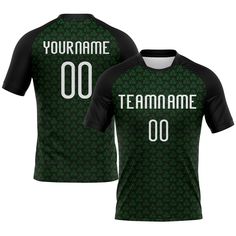 a soccer jersey with the name and number on it, in black and green colors