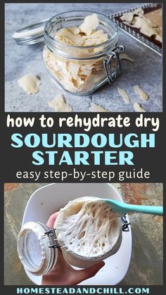 how to rehydraate dry sourdough starter in a mason jar with text overlay