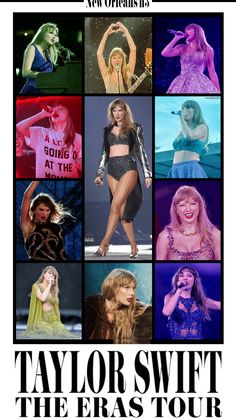 taylor swift the eras tour poster is shown in black and white, with images of taylor swift