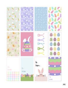 an assortment of different patterns and designs for easter greeting cards with bunny, rabbit, egg, carrots